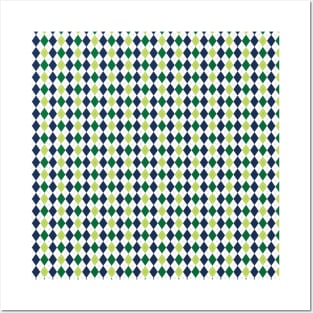 Green Navy Blue and White Argyle Pattern Diamond Checks Posters and Art